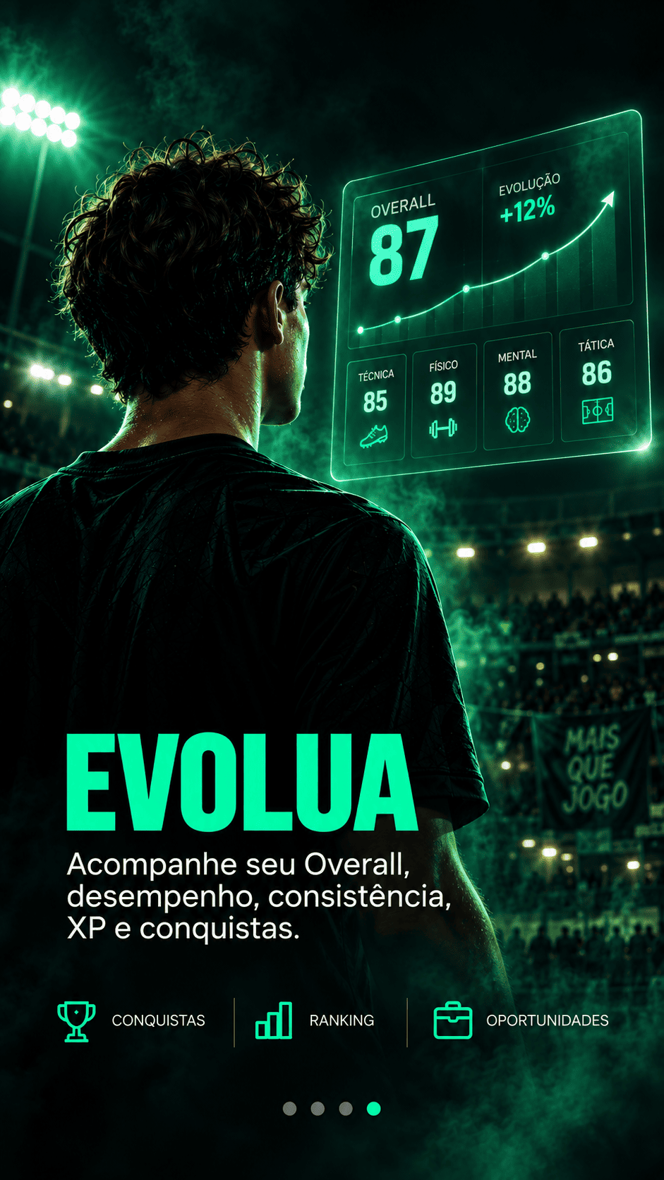 Atleta observando painel de desempenho com a palavra Evolua.
