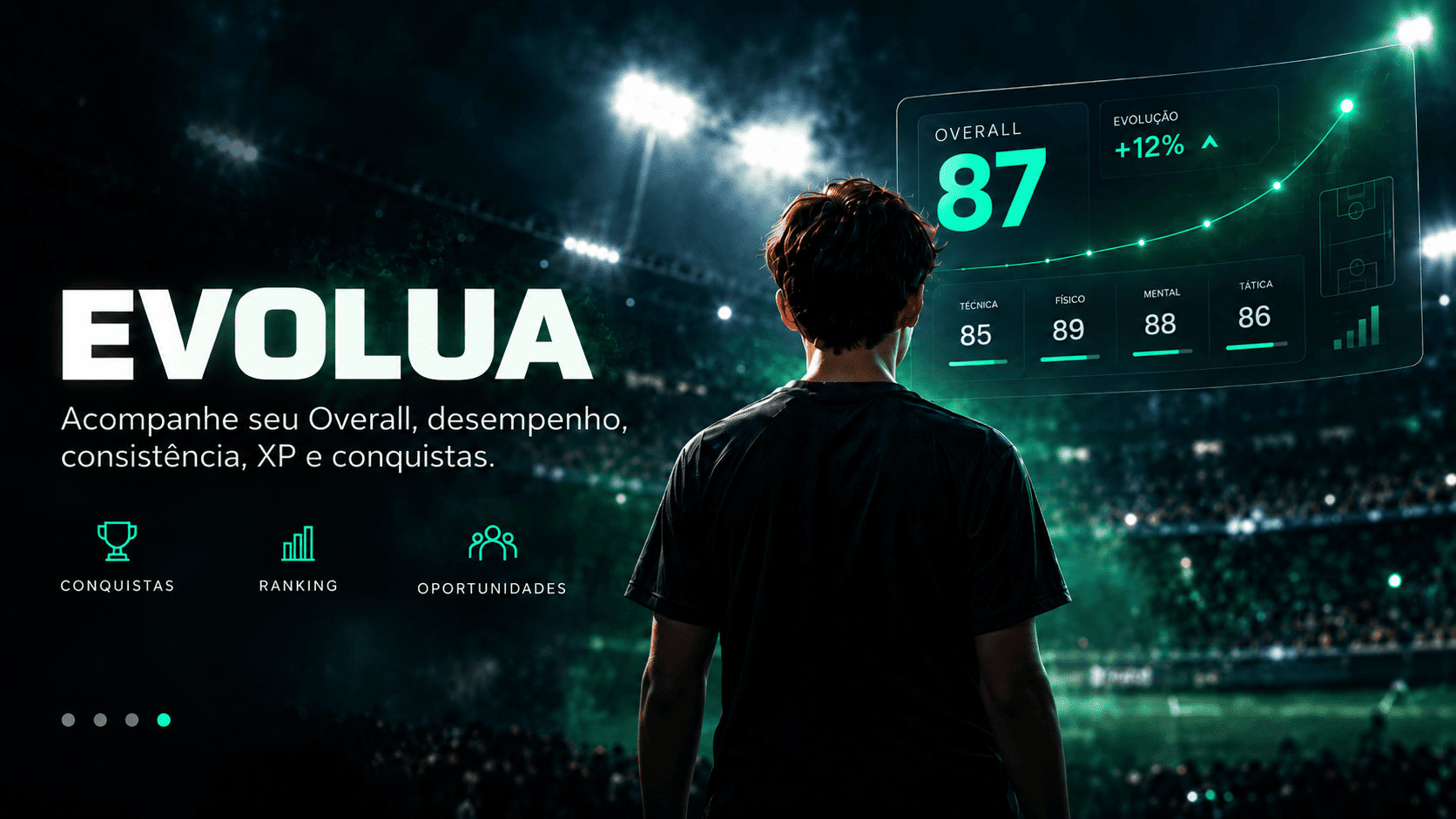 Atleta de costas em estádio com painel de desempenho e a palavra Evolua.